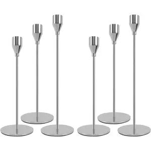 Silver Candlestick Holders Set of 6, Metal Taper Silver Candle Holders, Tall Candle Holder, Fits 3/4 inch Thick Candle&Led Candles, for Table Centerpiece, Mantels, Weddings, Dining, Party