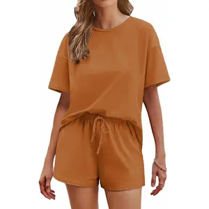 Cotton Pajamas Set for Womens Soft Short Sleeve Lounge Set Shorts Sleepwear Set 2 Piece Pjs Sets
