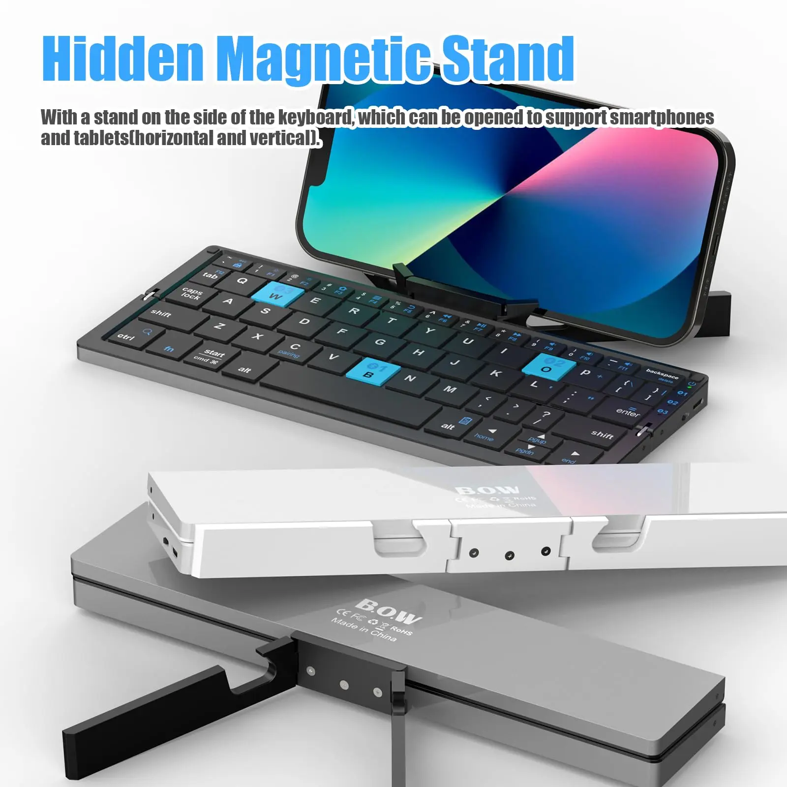 Foldable keyboard with magnetic stand, aluminum keys, silent Bluetooth, portable lightweight travel keyboard, rechargeable, suitable for all tablets