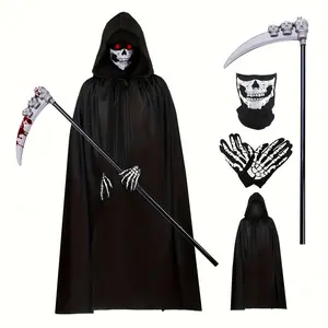 Set of 4 Grim Reaper Outfits, Including a Long Black Hooded Cape, Skelen Gloves, a Skull Mask, And a Scythe Prop,Reliable for Halloween Costumes for Both Men And Women.