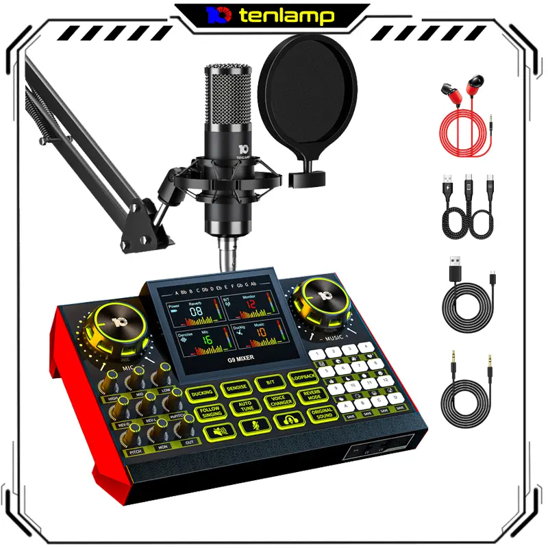 tenlamp G9 USB Live Sound Card + P15 Microphone Set - Portable DSP Effects Audio Mixer with Voice Changer, Denoise Function, 5 Reverb Modes, Ideal for Live Streaming, Karaoke Machine, Includes Manufacturer Warranty Sounding Kit summerwins