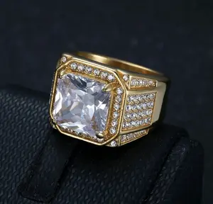 1pc New Luxury 316 Stainless Steel Plated Gold Fully Paved 3A Zirconia Hip-Hop Men's Ring, Stainless Steel Jewelry