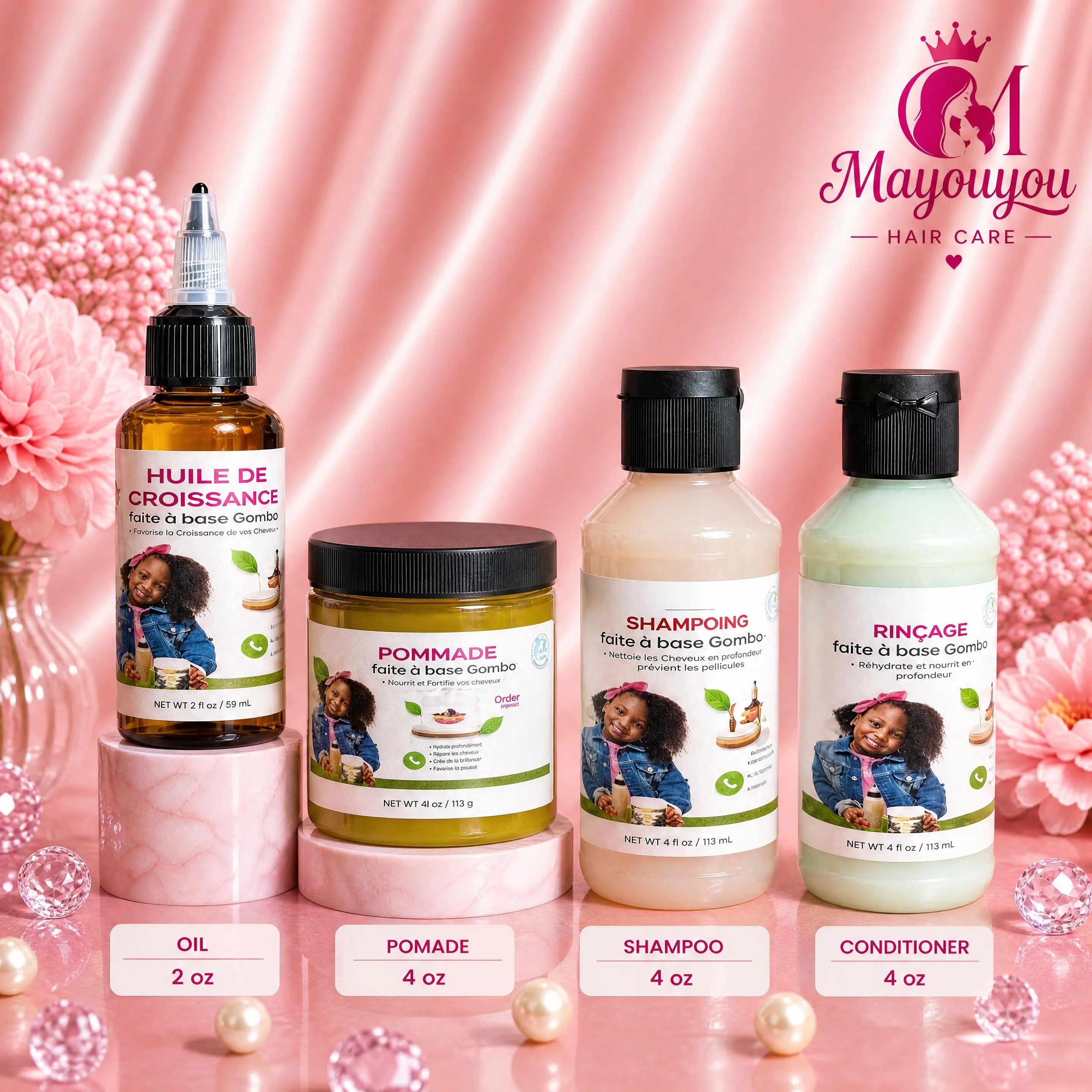 Mayouyou Kids Mini Sets of 4 Pcs Hair Oil 2 oz, Pomade 4 oz , Shampoo & Conditioner 4 oz