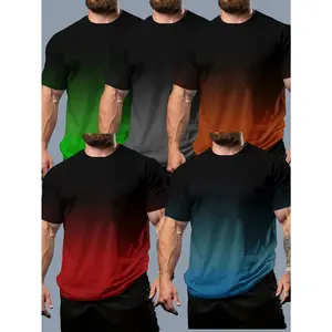 5PCS Men's Plus Size Gradient Color Short Sleeve Crew Neck T-Shirt, Casual Comfortable Tee, Stylish Versatile Top