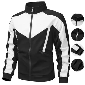 Retro contrasting color stand-up collar sports jacket, black and white spliced zipper cardigan sweater