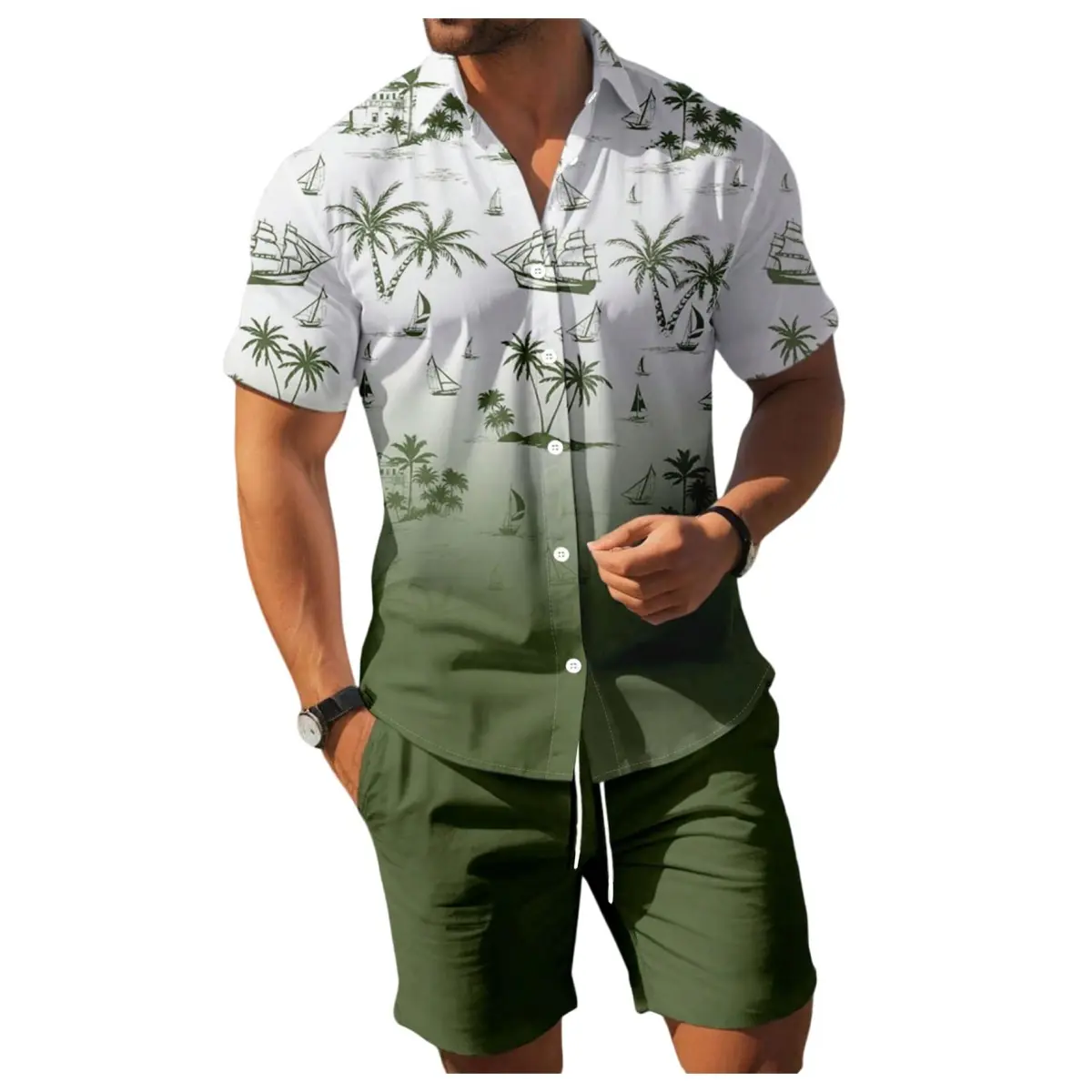 Men's 2 Piece Hawaiian Outfit, Ombre Palm Tree and Sailboat Print Short Sleeve Button Down Shirt with Matching Drawstring Shorts, Lightweight Breathable Quick Dry Beachwear for Summer Vacation, Resort, Cruise, Pool Party, Travel and Casual Style