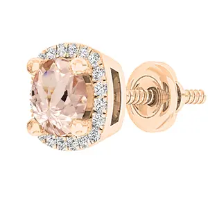 Dazzlingrock Collection 5mm Round Morganite with White Diamond Cushion Shape Framed Halo Screwback Stud Earring for Women (1Pc) in 14K Solid Rose Gold