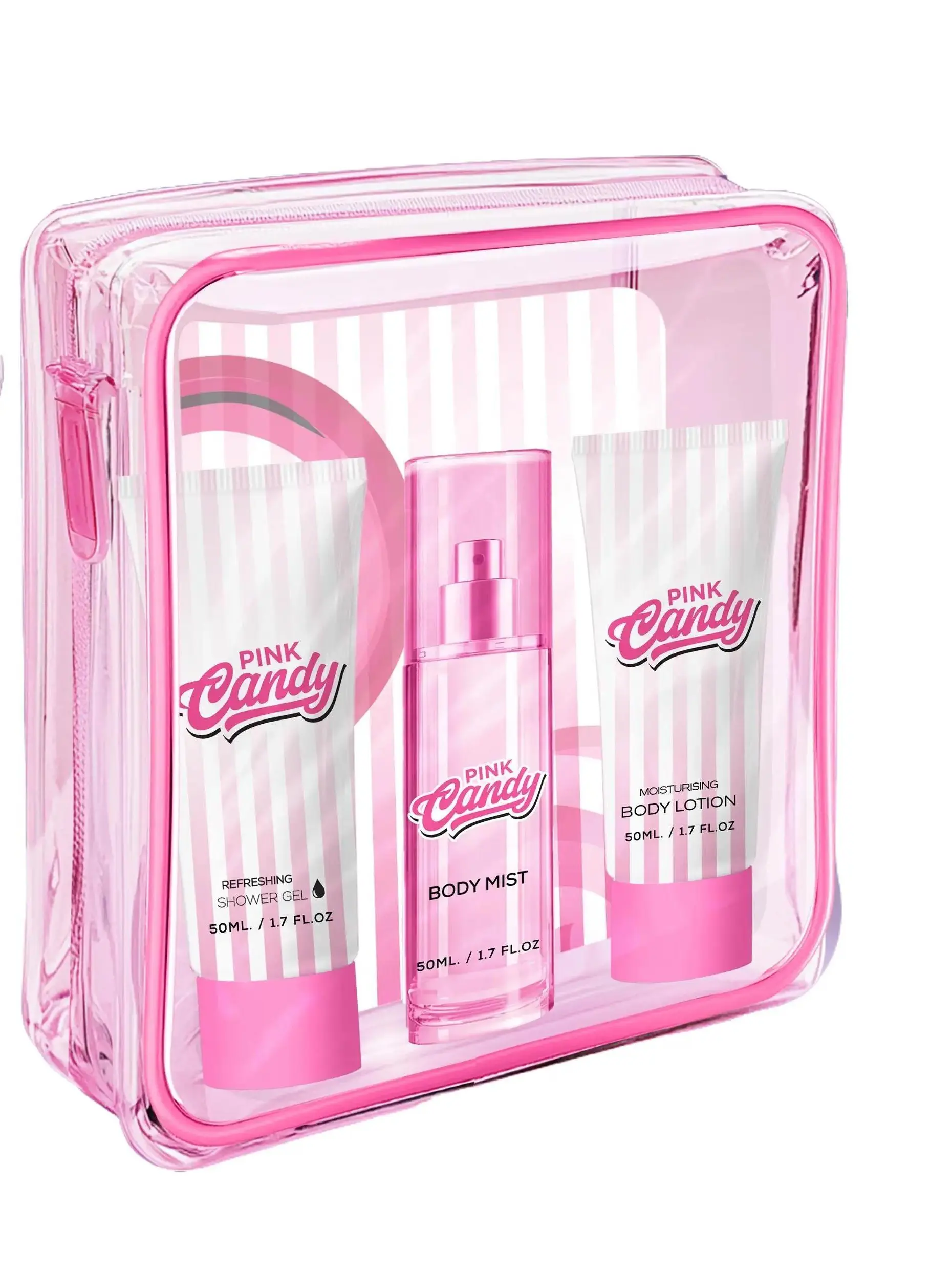 Pink Candy 3 Piece Fragrance Set - Refreshing Shower Gel, Body Mist, Moisturizing Lotion in Zip Pouch - Fruity Sweet Notes of Raspberry, Fig Leaf, Bergamot, Orange Licorice, Cotton Candy, Lily of the Valley, Red Berries Vanilla, Musk, Caramel