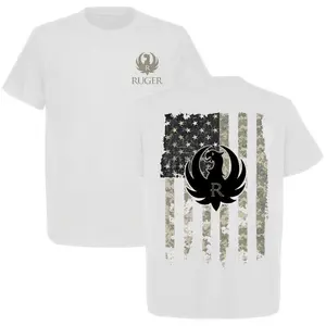 Ruger American Flag Camo T-Shirt, Patriotic 2nd Amendment Tee with Tactical Eagle Logo, Outdoor Gun Rights Graphic Shirt for Veterans, Hunters, USA Supporters