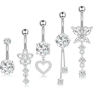 Surgical Stainless Steel Dangle Belly Button Rings, 14G Heart Flower Butterfly Navel Jewelry for Women, Hypoallergenic Belly Ring Set