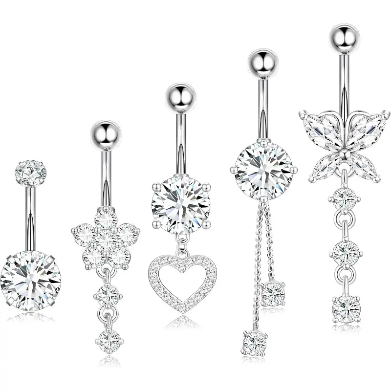 Women's 14G Hypoallergenic Surgical Stainless Steel Dangle Navel Rings Set - Belly Button Piercings, Non-Tarnish Heart & Flower Charm Playful Stainless Steel Navel Jewelry for Everyday Wear, Cute Piercing Jewelry, Hypoallergenic Stainless Steel Piercing J