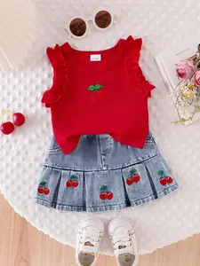 Baby Girl 2-Piece Set Cherry Embroidered Lace Sleeveless Vest Top and Denim Skirt, Cute for Toddlers, Summer Fashion, Baby Clothing Cherry Embroidery