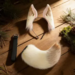 Alice in Wonderland Plush Bunny Ears Headband & Tail Set Adjustable Anime Cosplay Costume Prop for Conventions Cream & Tan Coloring
