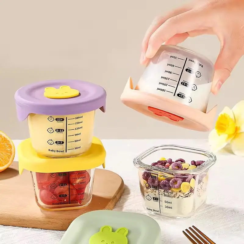 2pcs Food Storage Containers, 6oz Round and Square Glass Jars with Silicone Lids and Measuring Marks, Ideal for Milk, Fruits, Cooking, Kitchen Organization, Food Sealing Containers