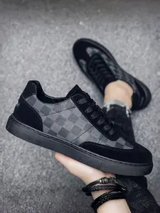 Men's Chessboard Casual Sneakers, Vintage Patchwork Low-Top Lace-Up Sports Shoes, Trendy All-Season Flat Shoes