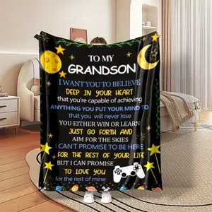 Letter To Grandson Pattern Flannel Blanket, Custom Flannel Blanket, 1 Count Soft Warm Throw Blanket, Air-conditioned Room Blanket, Warm Nap Blanket for Home Office Travel, Slogan Print Blanket, Inspirational Blanket