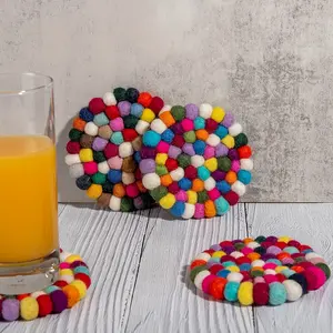 4 Felt Ball Coasters - Handmade, Highly Absorbent Drink Mats, Suitable Home and Office Bar Decoration, Essential Bar Decoration    Colorful Coasters    Decorative coasters, coasters bars