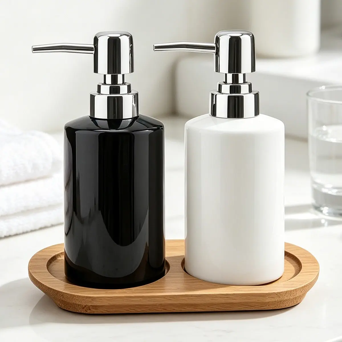 2 Pack Soap Dispenser with Bamboo Tray, 300ML/10oz Ceramic Glossy Liquid Soap Pump, Refillable Dish Soap Dispenser for Kitchen Bathroom