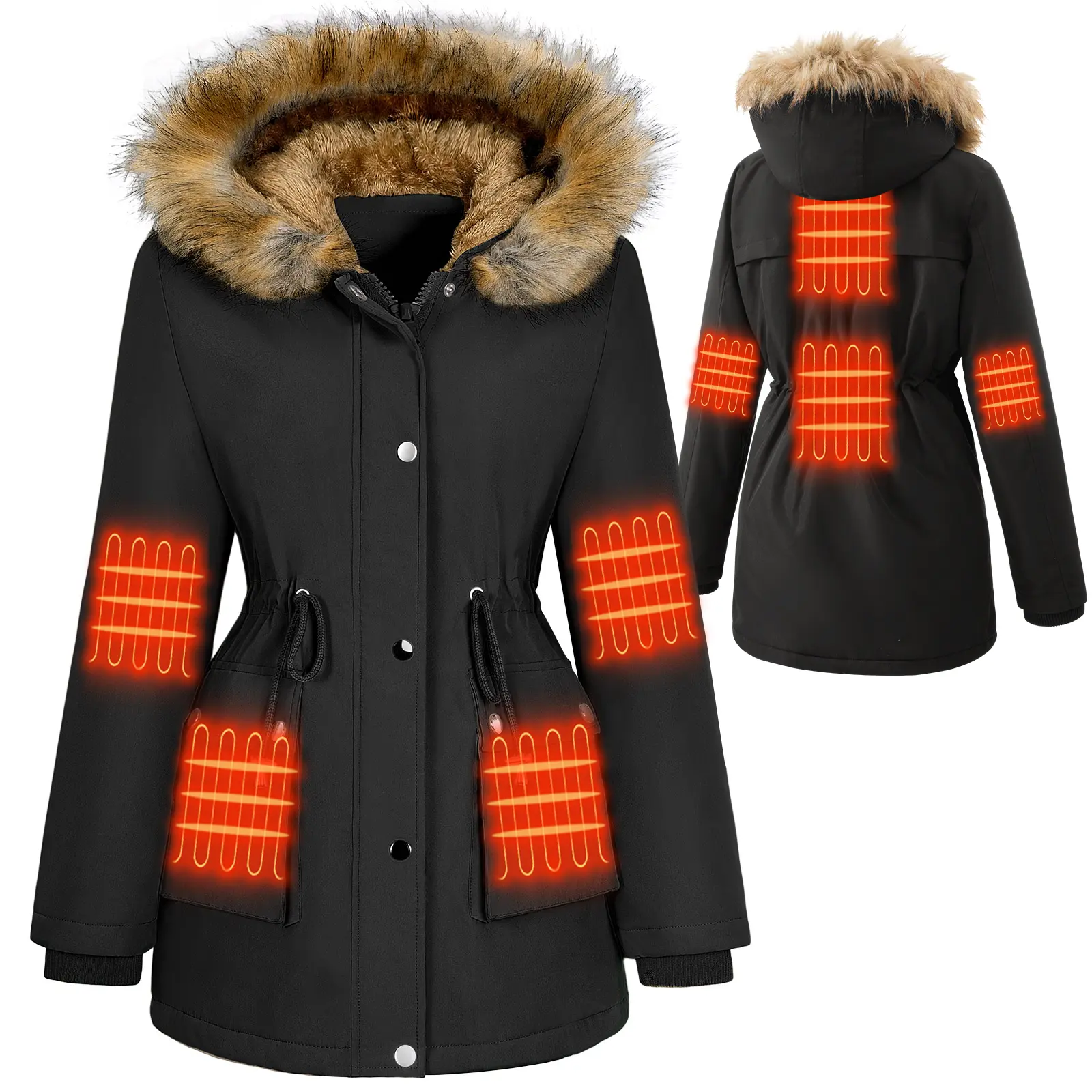 Women's Mid‑Length Electric Heated Parka, Fleece Lined Winter Warm Coat with Removable Fur Collar
