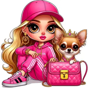 1 set of DIY diamond painting kit, 5D diamond art kit, DIY decoration, pink sportswear, gold accessories, pink handbag. Mosaic, diamond art, DIY art home decoration.