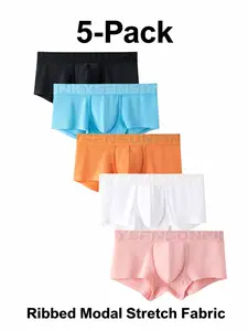 Men's Modal Ribbed Fabric Underwear Set, High Stretch Elastic Breathable Briefs, Soft Non-Irritating, Casual All-Season Wear, 5 Pack