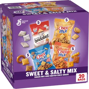 Sweet & Salty Snack Variety Pack, Individually Wrapped Snack Bags, Party and Lunch Packs, Muddy Buddies Peanut Butter and Chocolate, Chex Mix Traditional, Cheddar, Honey Nut, 35 oz/20 Bags