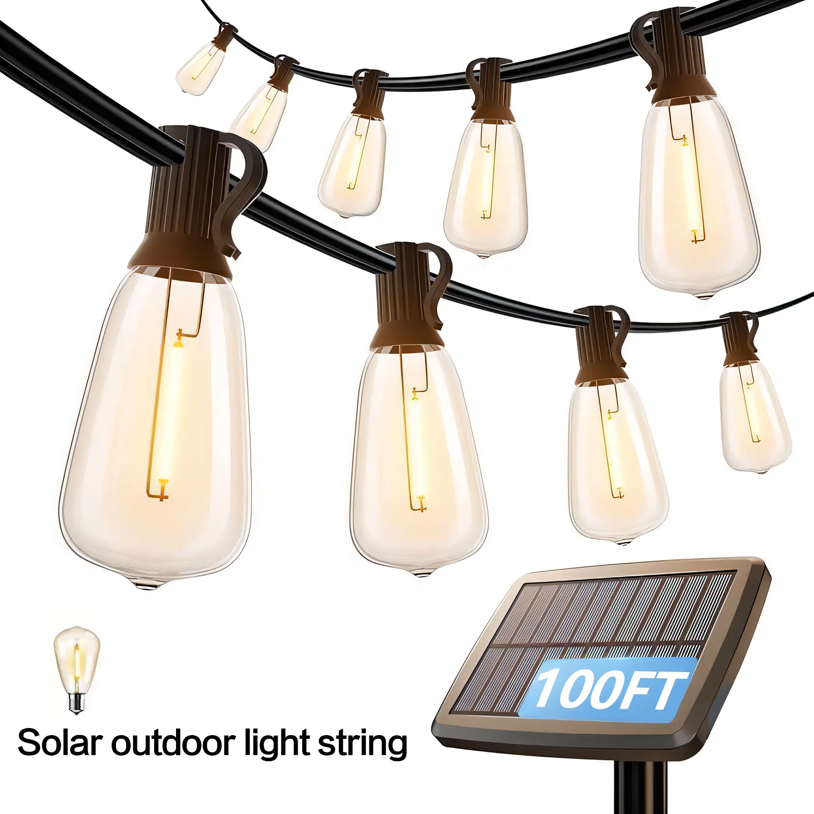 DAYBETTER LED Solar Outdoor String Lights 50ft-150ft Shatterproof ST38 Edison Bulbs Waterproof 2700K for Porches Patios Gardens Balconies Eco-Friendly Energy-Saving All-Weather Led Lighted