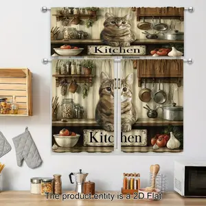 Kitchen Curtains 2 Panels, Farmhouse Cat & Kitchen Shelf Print Short Semi Sheer Window Drapes, Light Filtering for Bathroom/Kitchen Small Windows Foldable Colorful Divider Room living Transparent Leaf