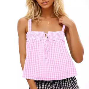 GGFL 2026 NEW Y2K Gingham Smocked Crop Top Hot Sexy Women's Summer Tank Top Casual Boho Gingham Babydoll Cami Floral Tie Front Ruffle Smocked Tank for Beach Brunch GGFL076, Bohemian, Short
