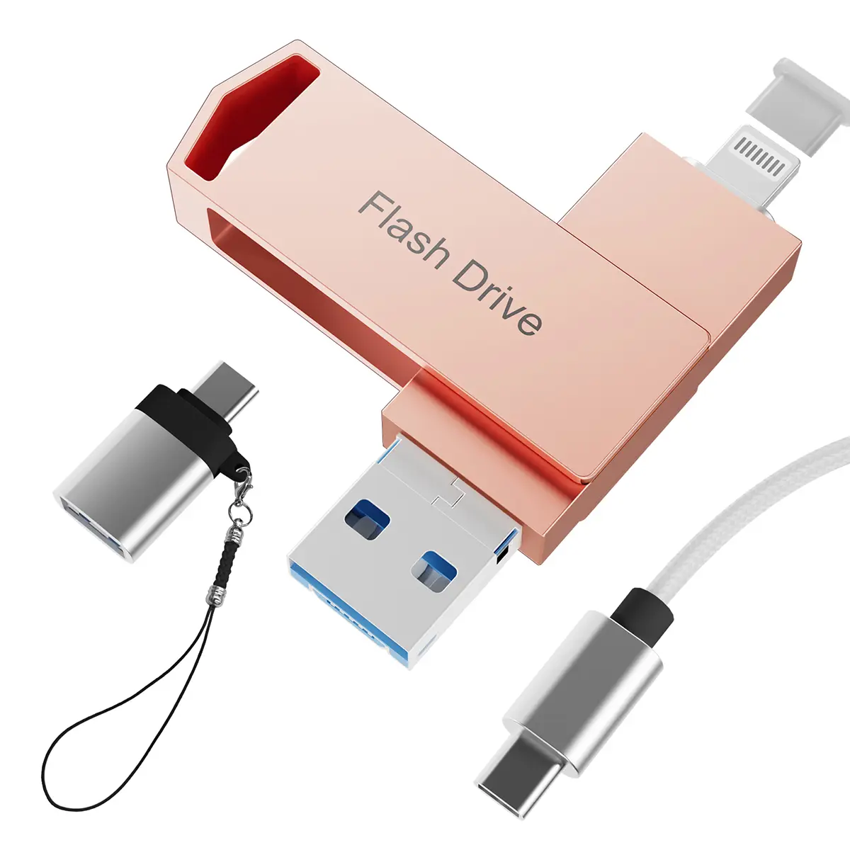 4 in 1 256GB Flash Drive, [No app required] MFi Certified 512GB f High-Speed USB 3.0 External Storage for iPhone Android PC Mac, OTG Flash Pen Drive with Free Type-C, High Speed USB Memory Stick iPhone Flash Drive for Photos Videos (Metallic Pink)