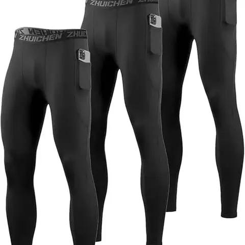 Men's 3-Pack Compression Pants - High-Stretch Gym Leggings with Pockets, Quick-Dry Performance Fabric, Plus Size S-XL Activewear for Yoga, Moisture-Wicking No Padding Sports Bottoms