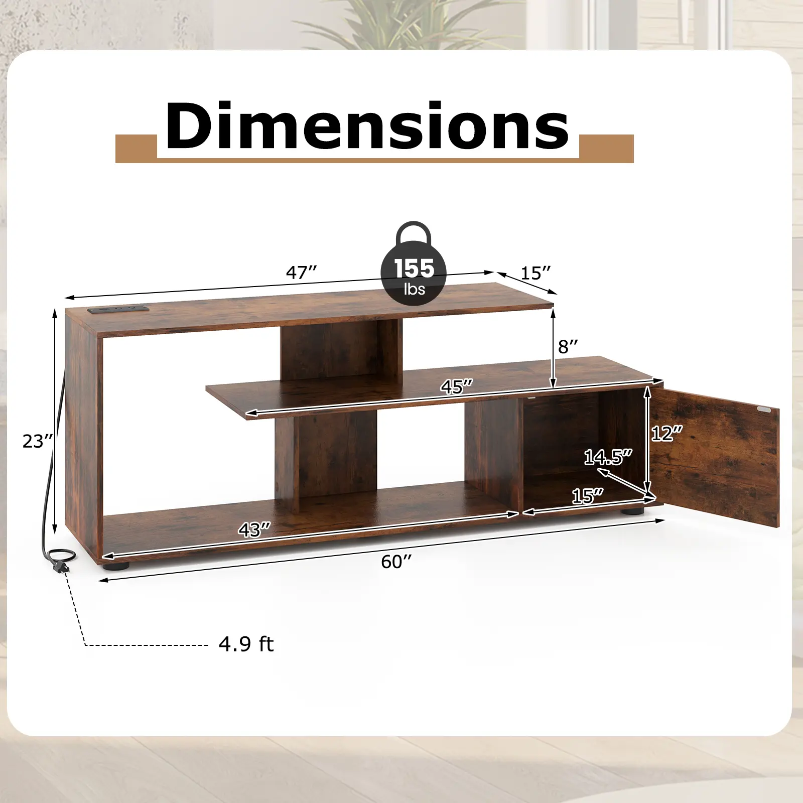 COSTWAY - 60 Inch Entertainment Center TV Stand with Power Outlet-Rustic Brown