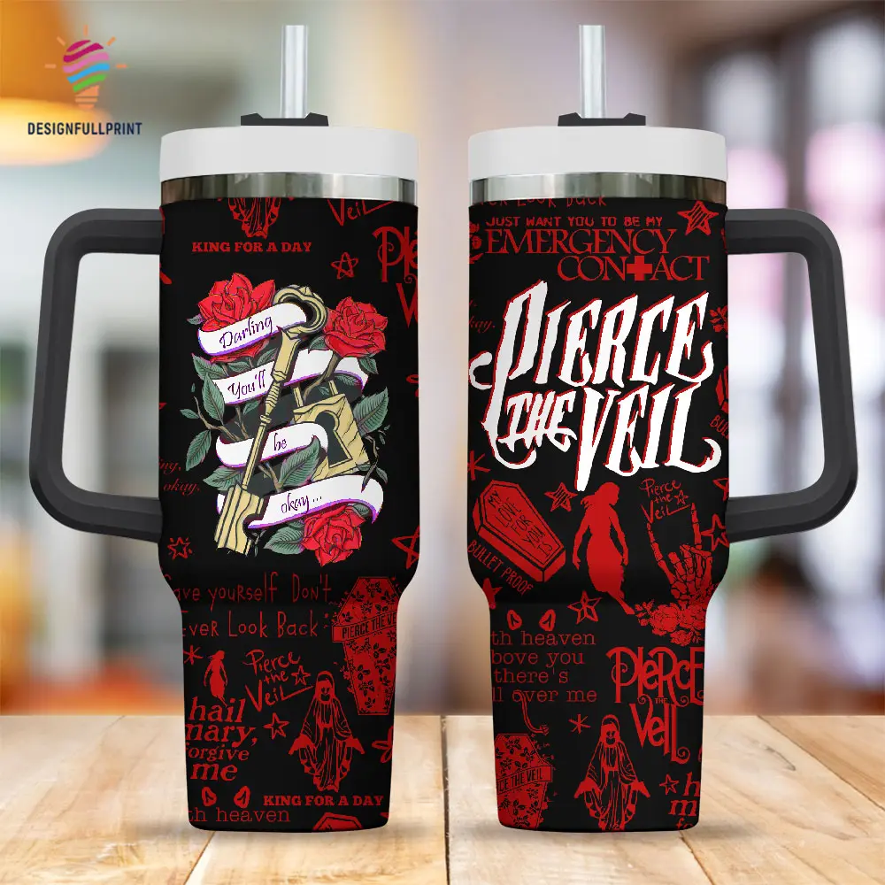 Pierce the Veil 40oz Tumbler with Handle & Straw, King for a Day Insulated Stainless Steel Travel Mug, Emo Rock Band Fan Gift, Post Hardcore Music Coffee Cup, Alternative Scene Drinkware for PTV Fans