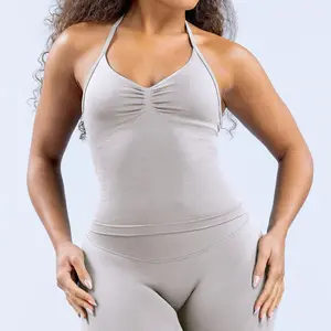 Impact Halter Top with logo Women's Seamless Longline Strappy Tank Top High Stretch Durable Fabric Built-in Bra Removable Pads Soft Supportive Gymwear