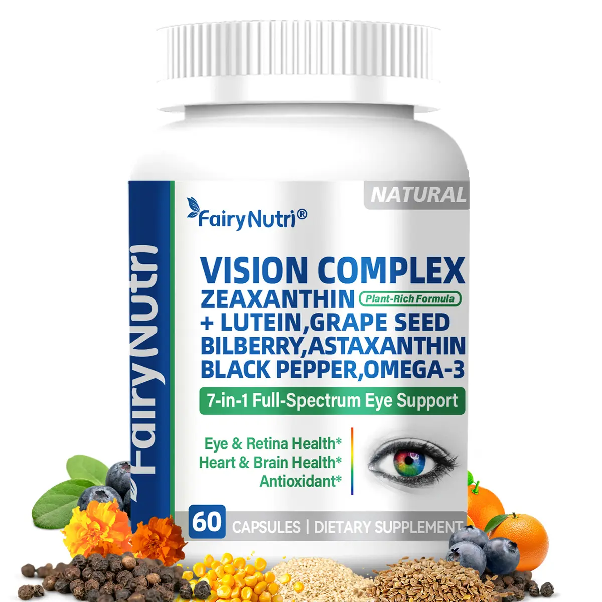 FairyNutri 7-in-1 Eye Vision Support Complex | Lutein Zeaxanthin Bilberry Astaxanthin & Omega 3, Antioxidant for Daily Eye Wellness,60 Capsules