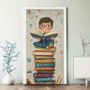 1PC Polyester 2D Flat Door Banner - Cartoon Boy Reading with Stacked Books Design, Kids' Birthday Decoration, Home Supplies Backdrop & Door Curtain