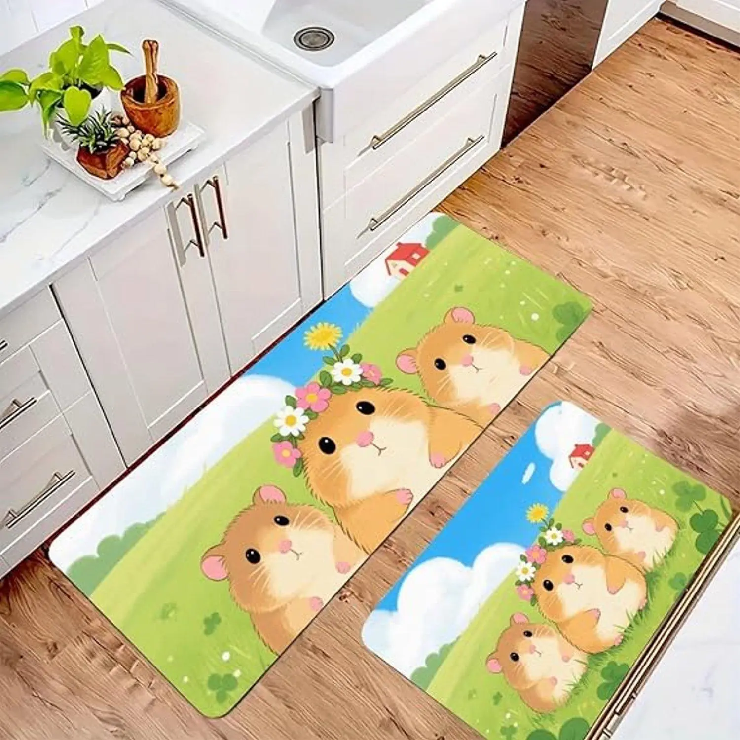 Flannel Area Rugs with Cute Hamster Grassland Floral Print Non Slip Absorbent Floor Mat for Entryway Kitchen and Home Decorative Carpet