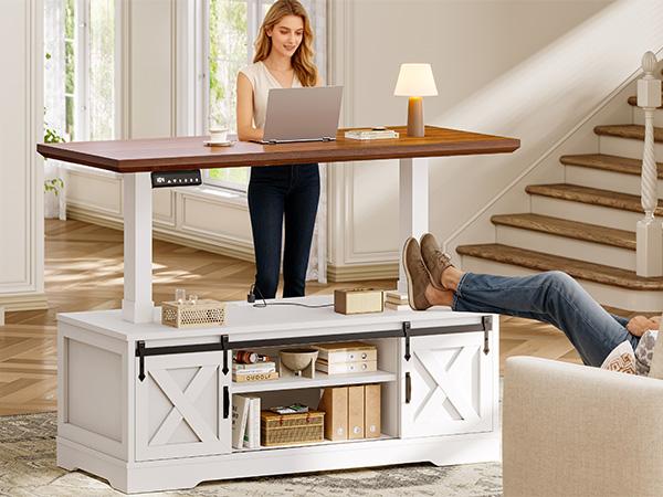 SEDETA 47.2" Farmhouse Lift Top Coffee Table Electric Standing with Storage Power Outlet Sliding Barn Door Height Adjustable for Living Room