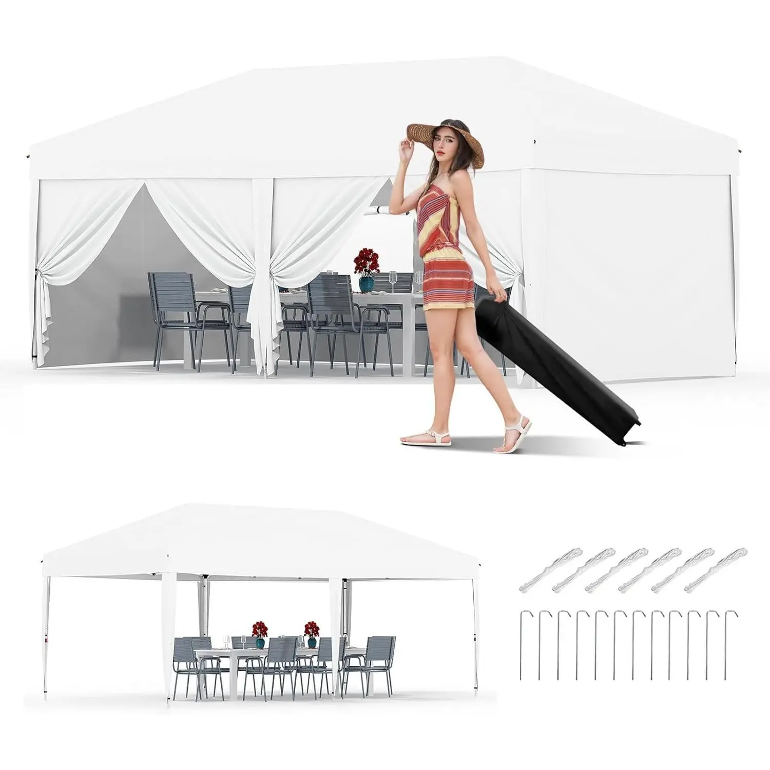 Sturdy 10x20 Pop Up Canopy Tent with Adjustable Steel Frame, Oxford Fabric, 6 Sidewalls - Commercial Gazebo for Street Vendors - Instant Outdoor Sun Shade with Single-Button Release Mechanism, Roller Bag, 8 Stakes, 6 Sandbags, Sun Protection, Uv Blocking