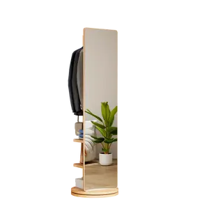 360° Rotating 69"x16" Multifunctional Full Length Mirror with Hook Storage Rack Coat Rack with Mirror Solid Wood Floor Mirror Bedroom Living Room Cloakroom Space Saving (natural wood)