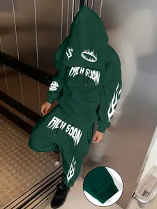 Men's Fall Winter Dark Flame Graphic Print Hoodie Set, Fitted Jogger Pants Two-Piece, Loose Fit Comfortable, Streetwear Casual Style