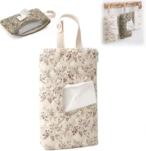Portable Diaper and Wipes Pouch - Floral Refillable Hanging Car Tissue Box Wet Wipes Case with Lanyard for Home, Car, and Travel