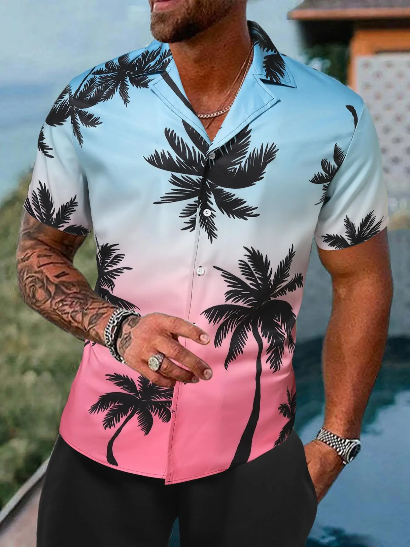 Men's Regular Fit Tropical Ombre Coconut Tree Print Button Front Shortsleeve Shirt, Summer Outfits, Casual Short Sleeve Lapel Neck Top for Summer, Men