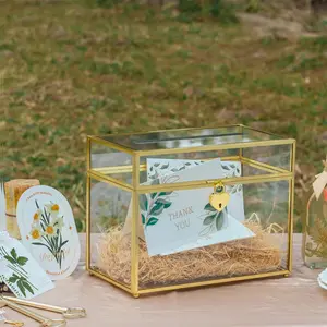 NCYP 9.8" x 5.6" x 7.7" Glass Wedding Card Box with Slot and Lock, Gold/ Black, For Reception Table, Wishing Well, Glass Box and Lock Only