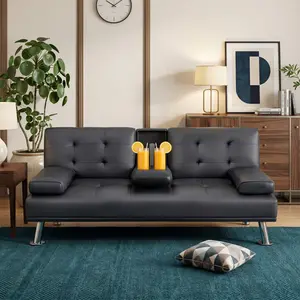 2-Cup Holder Convertible Futon Sofa Bed, Modern Faux Leather, Foldable Adjustable Recliner, Convertible Folding Sofa for Living Room, Suitable for Small Space