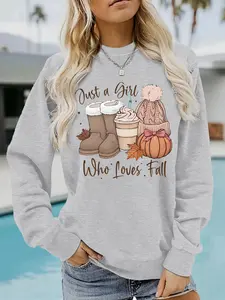 Women's Casual Pumpkin Latte and Boot Pattern Pullover, Soft Long Sleeve Crew Neck for All Seasons, Comfortable Everyday Wear