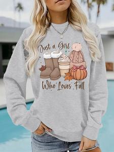 women's casual pumpkin latte and boot pattern pullover, soft long sleeve crew neck for all seasons, comfortable everyday wear