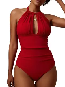Halter Neck Keyhole Cutout One-Piece Swimsuit, High Waist Ruched Tummy Control Bathing Suit, Tie Back Slimming Swimwear for Women Beach Pool Vacation