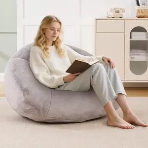 【LAST CHANCE】Modern Faux Fur Shell-Shaped Bean Bag Chair for Cozy Living Spaces Ultra-Soft High-Density Foam Interior Streamlined Petal Backrest 39x35x22in Gray