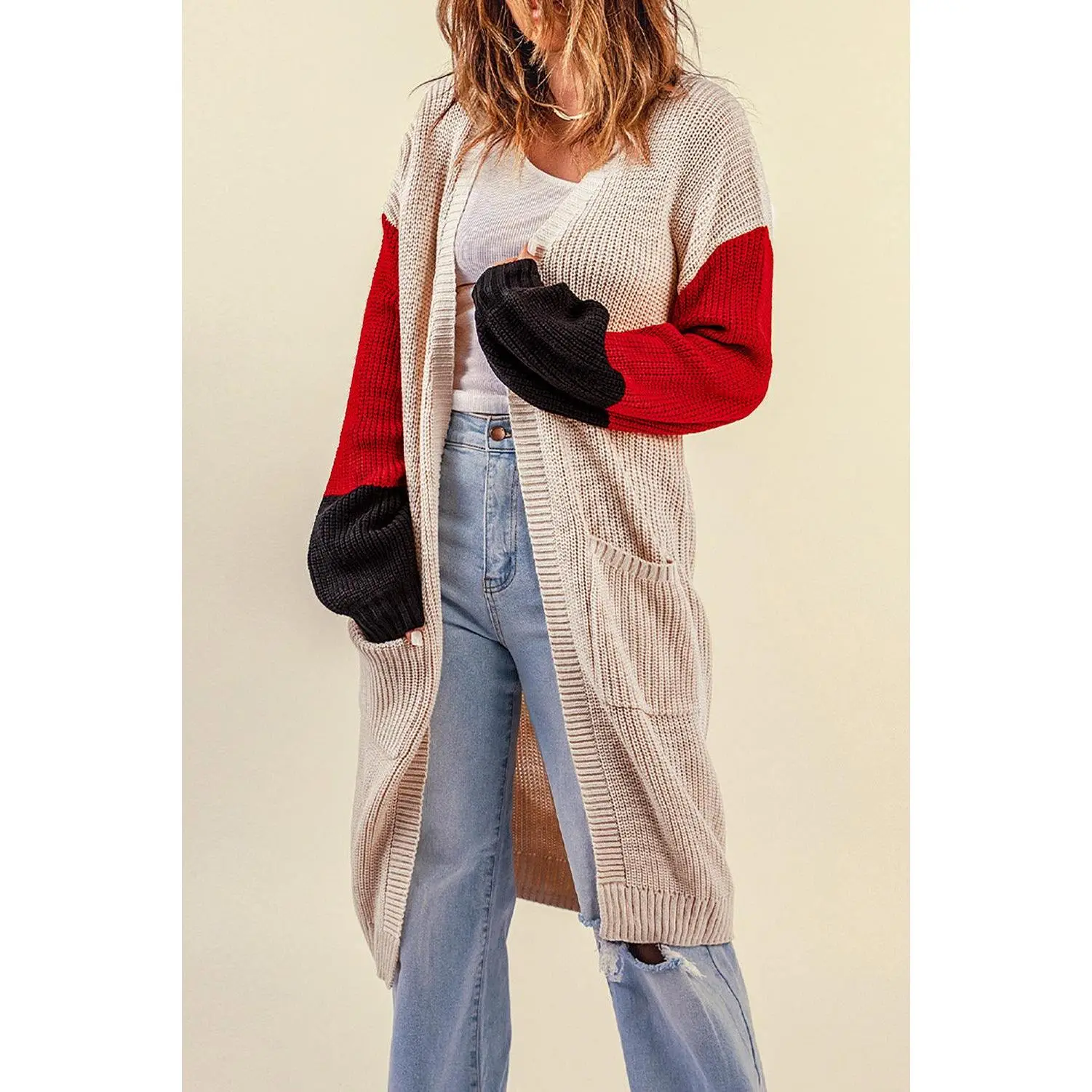 Color Block Rib-Knit Longline Cardigan with Front Pockets